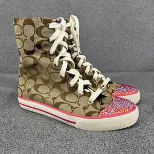 Coach Bonney High Top Sneakers‎ Womens 6B Brown Pink Crystal Monogram Q1456